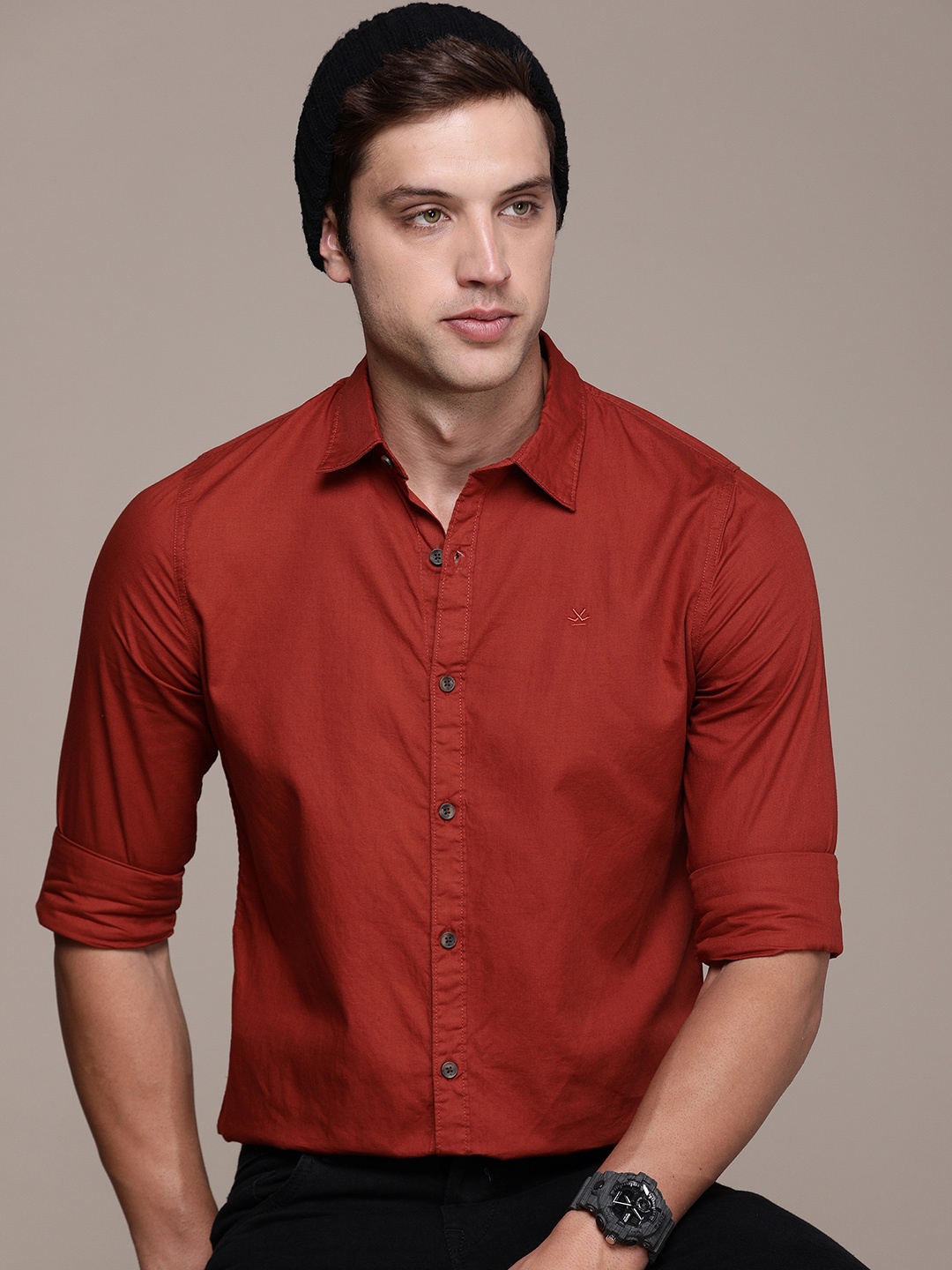 

WROGN Pure Cotton Slim Fit Casual Shirt, Rust