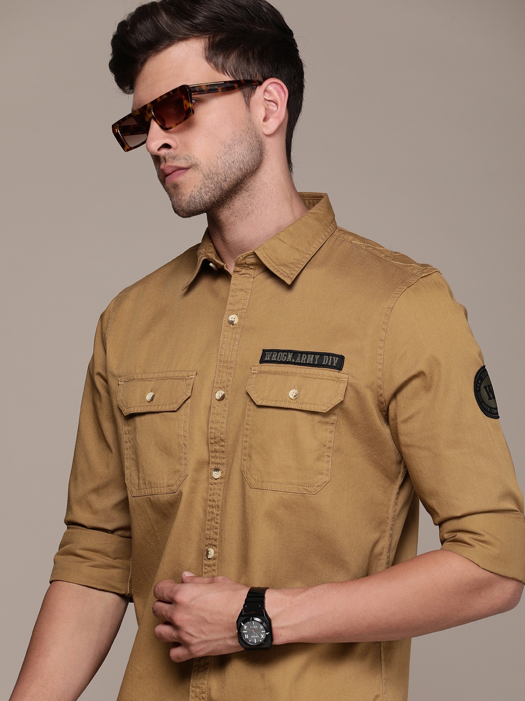 

WROGN Men Slim Fit Pure Cotton Casual Shirt, Khaki