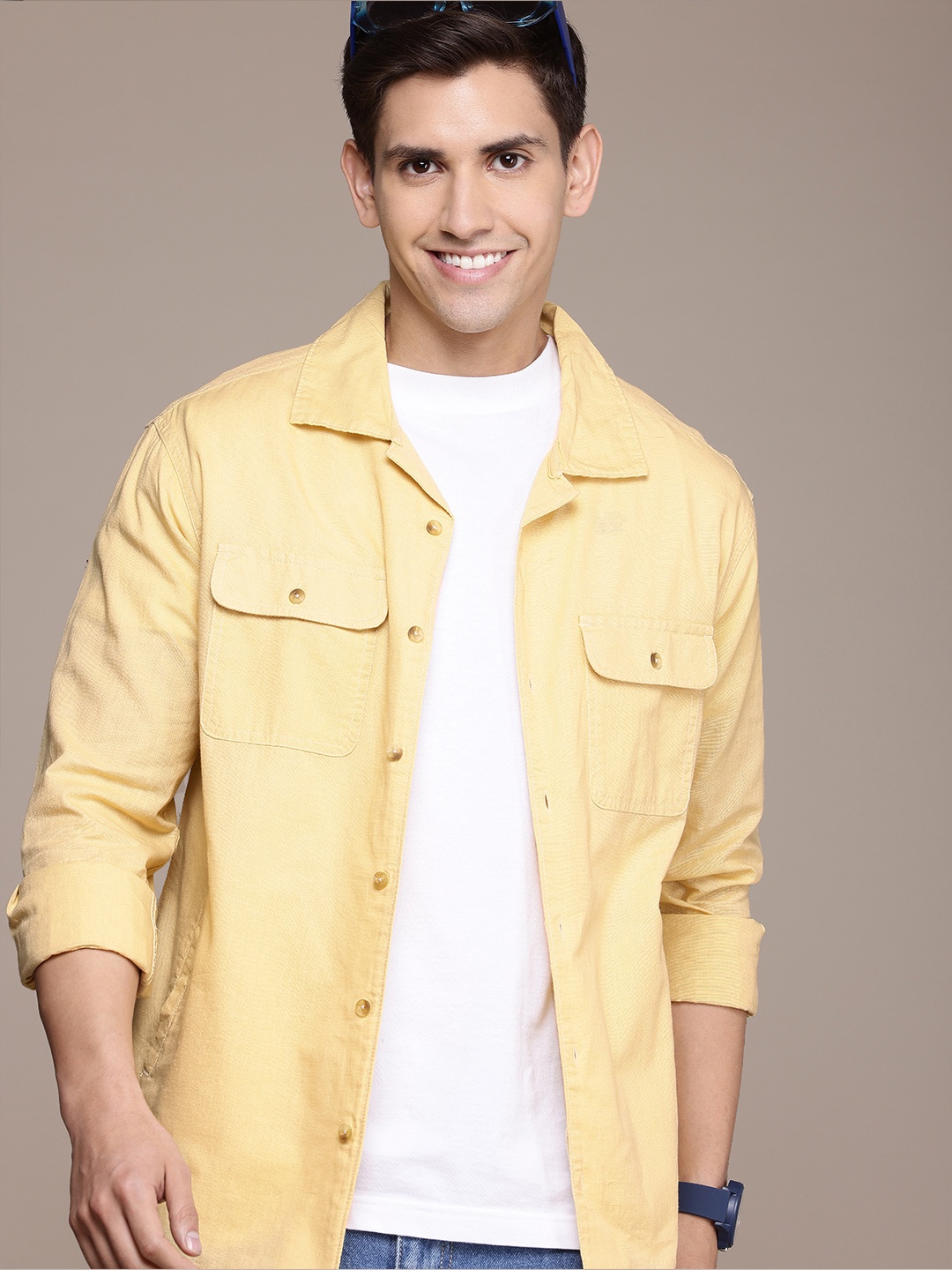 

WROGN Pure Cotton Cuban Collar Opaque Casual Shirt, Beige