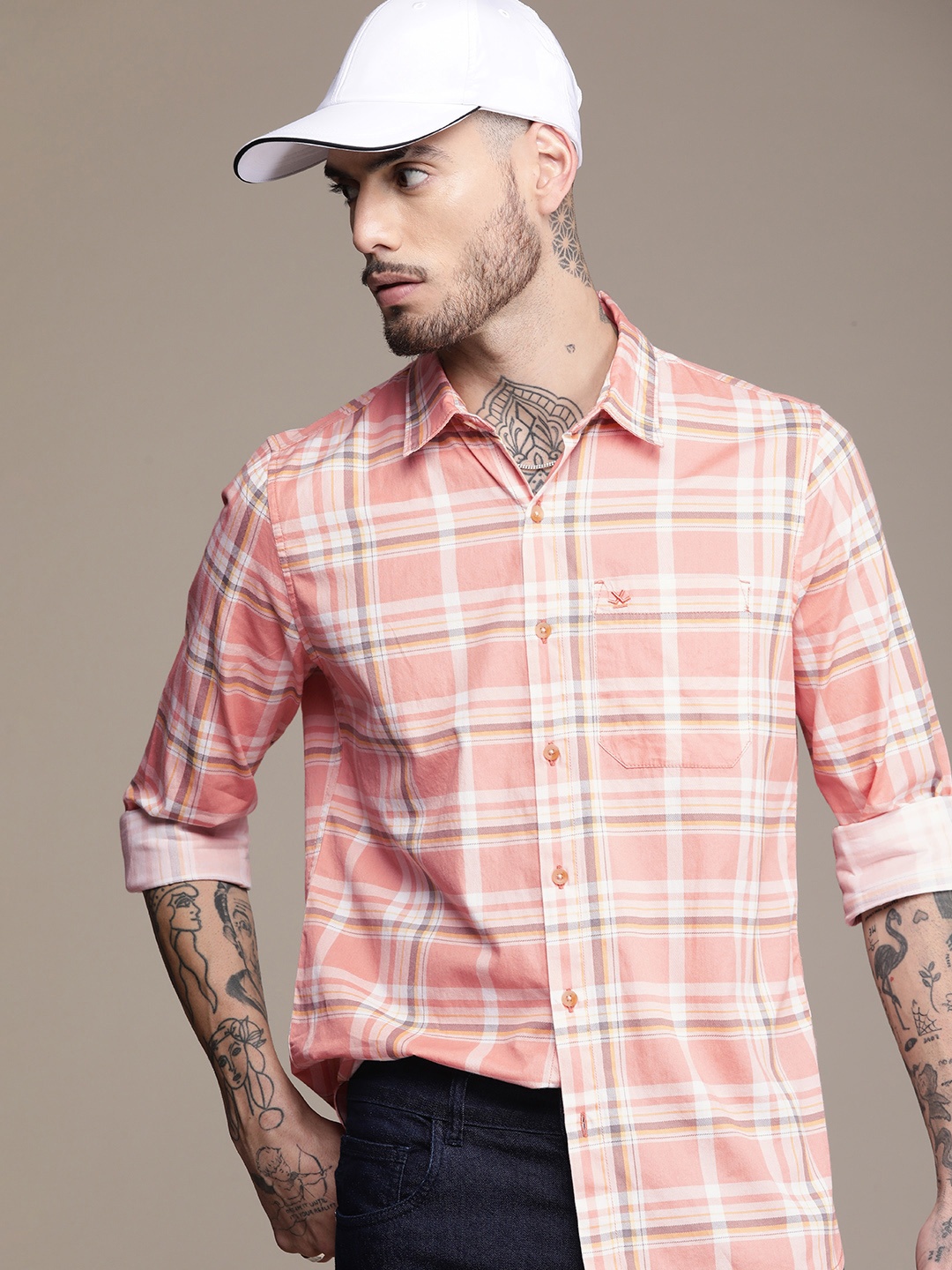 

WROGN Slim Fit Checked Pure Cotton Casual Shirt, Pink