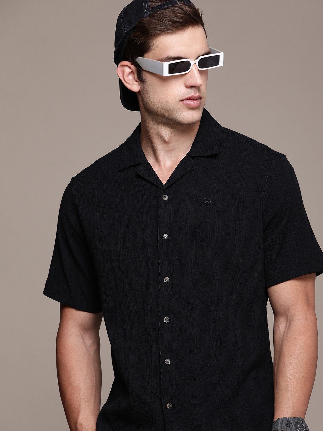 

WROGN Self Design Textured Casual Shirt, Black