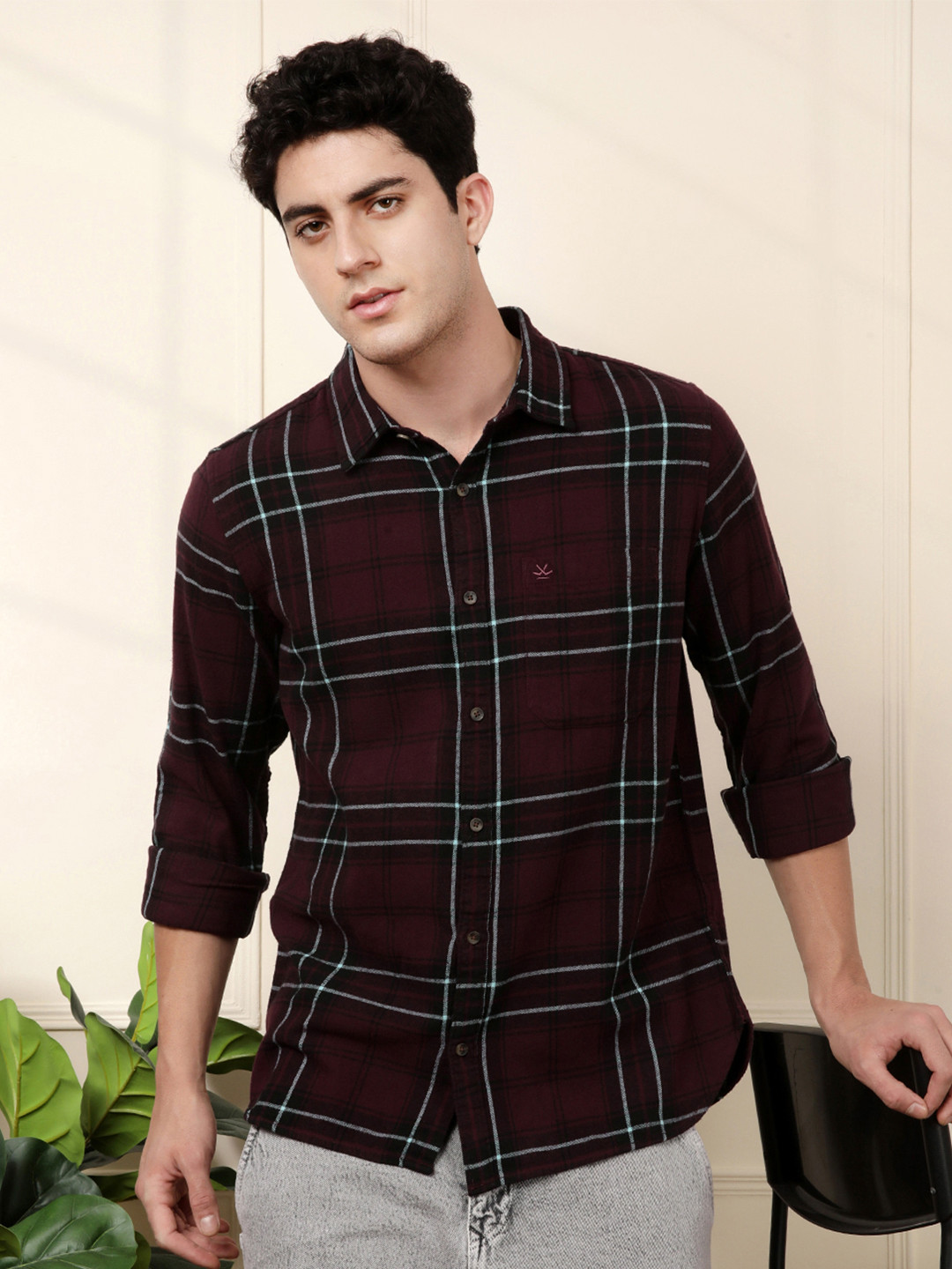

WROGN Slim Fit Tartan Checked Casual Shirt, Maroon