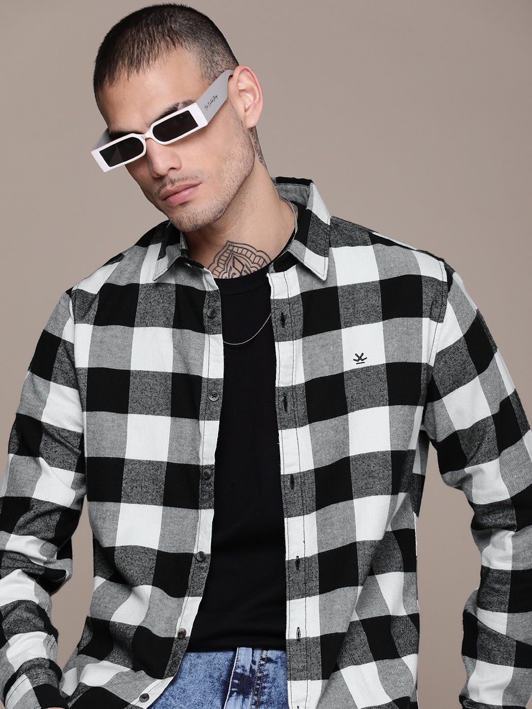 

WROGN Slim Fit Buffalo Checked Casual Shirt, Black
