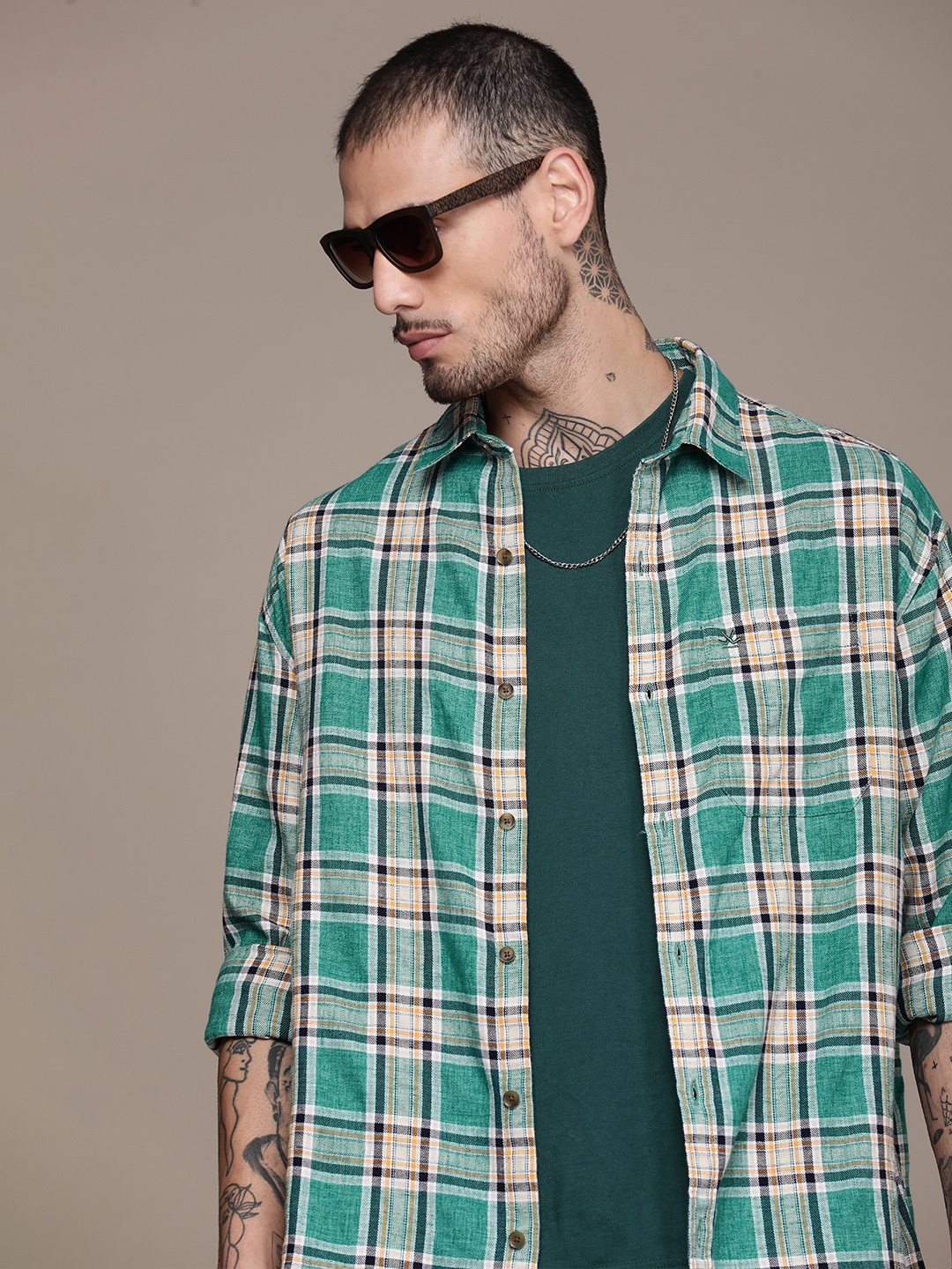 

WROGN Oversized Tartan Checked Casual Shirt, Green