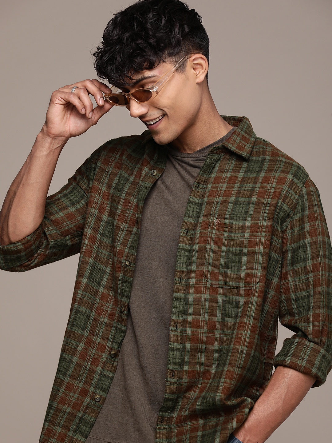 

WROGN Slim Fit Opaque Checked Pure Cotton Casual Shirt, Green