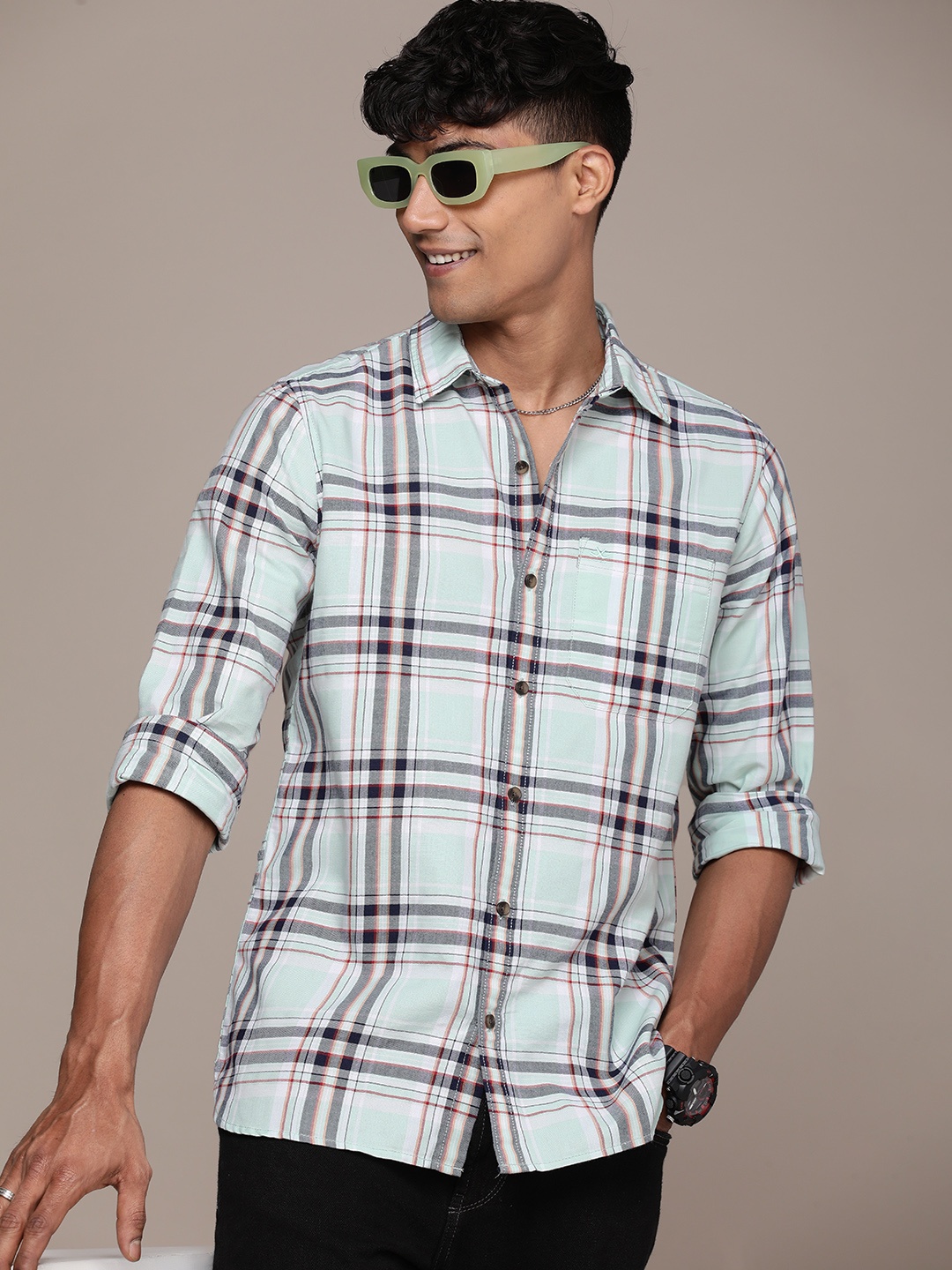 

WROGN Slim Fit Tartan Checks Opaque Casual Shirt, Sea green