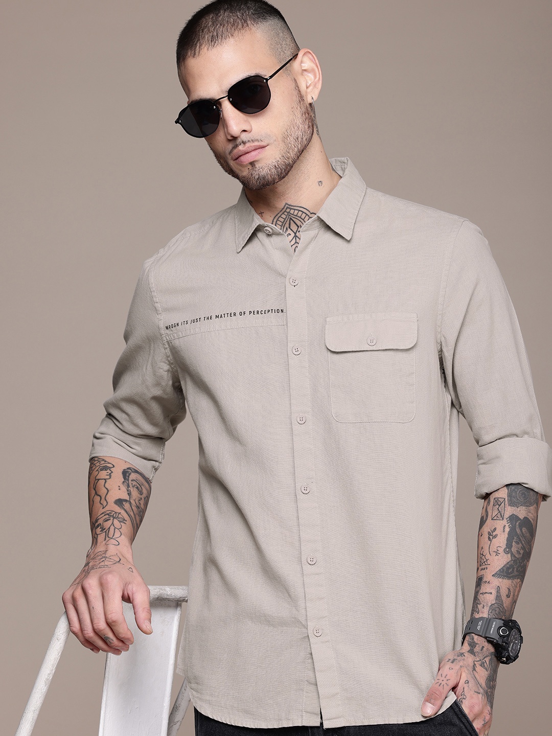 

WROGN Pure Cotton Slim Fit Casual Shirt, Grey