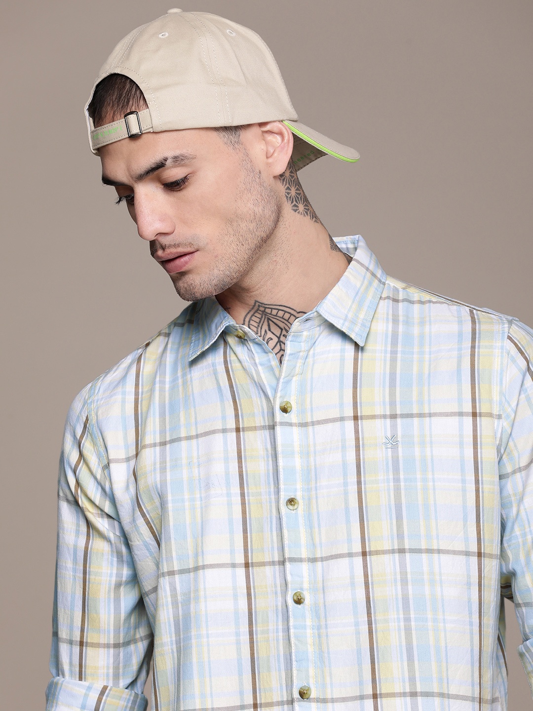 

WROGN Men Pure Cotton Slim Fit Tartan Checks Casual Shirt, Blue
