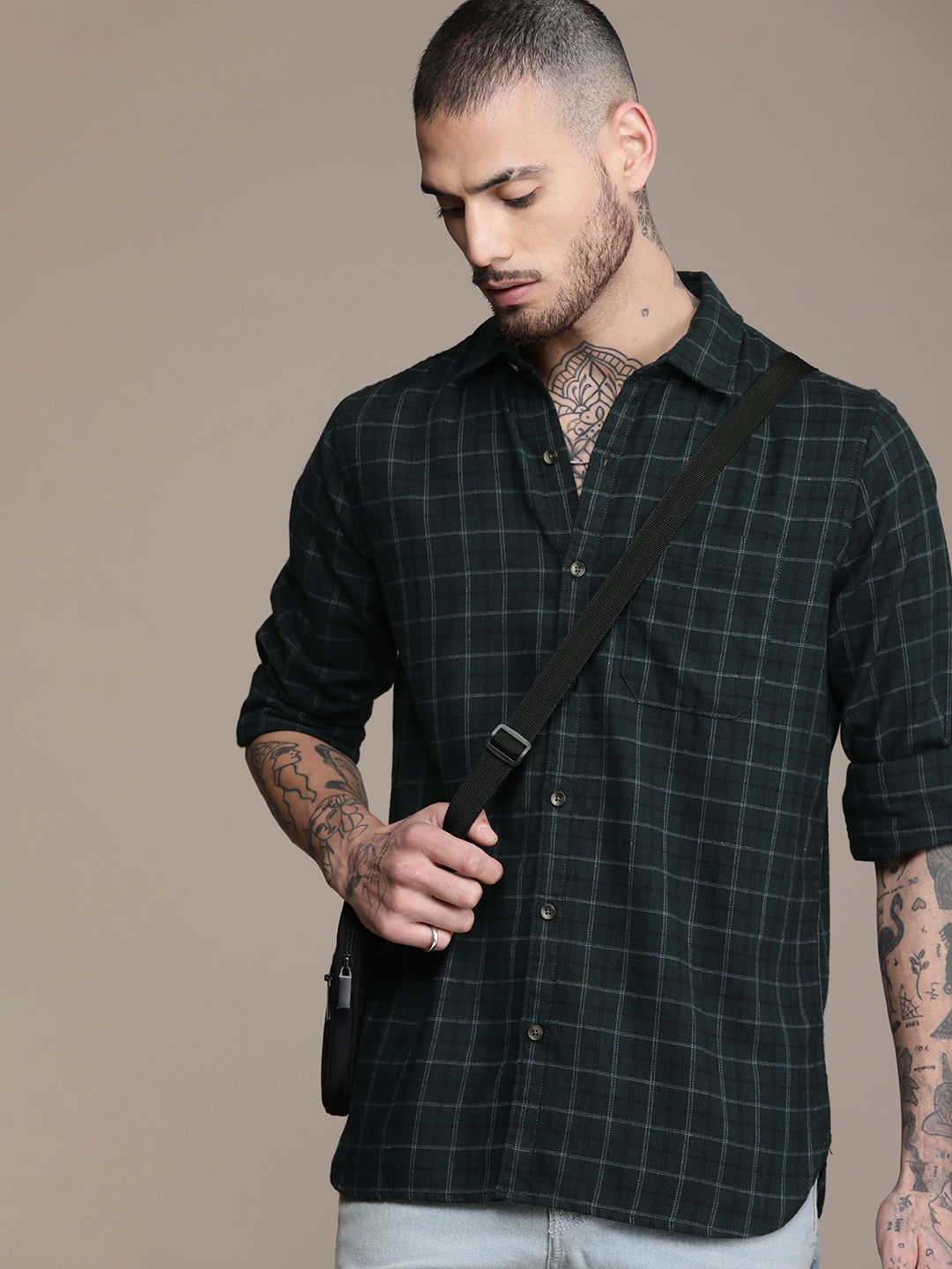

WROGN Slim Fit Checked Casual Shirt, Green