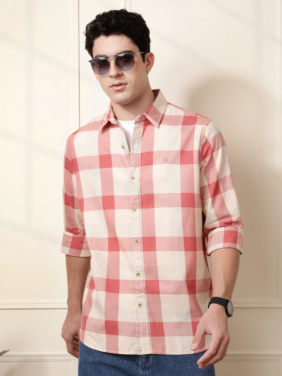 

WROGN Slim Fit Buffalo Checked Pure Cotton Casual Shirt, Coral