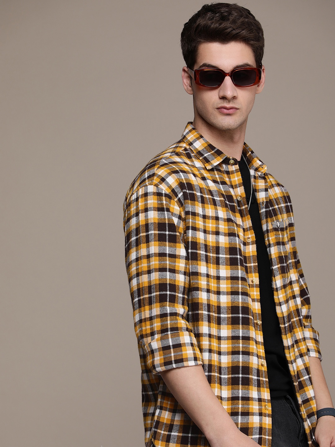 

WROGN Men Pure Cotton Tartan Checks Casual Shirt, Mustard