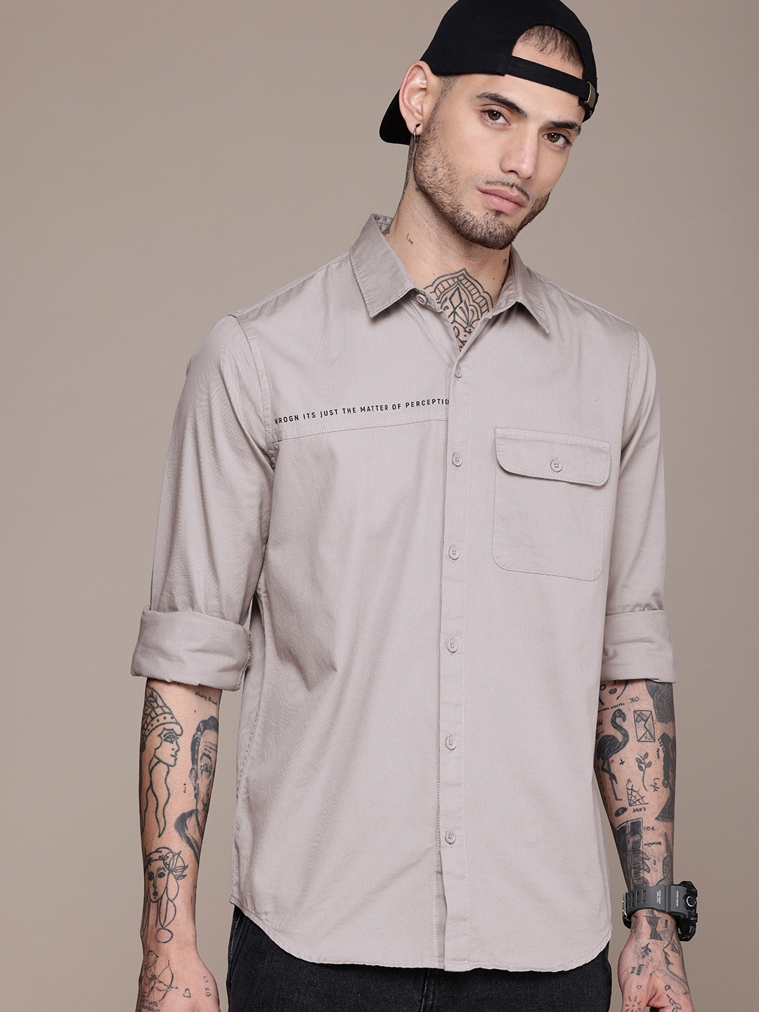 

WROGN Pure Cotton Slim Fit Casual Shirt, Grey