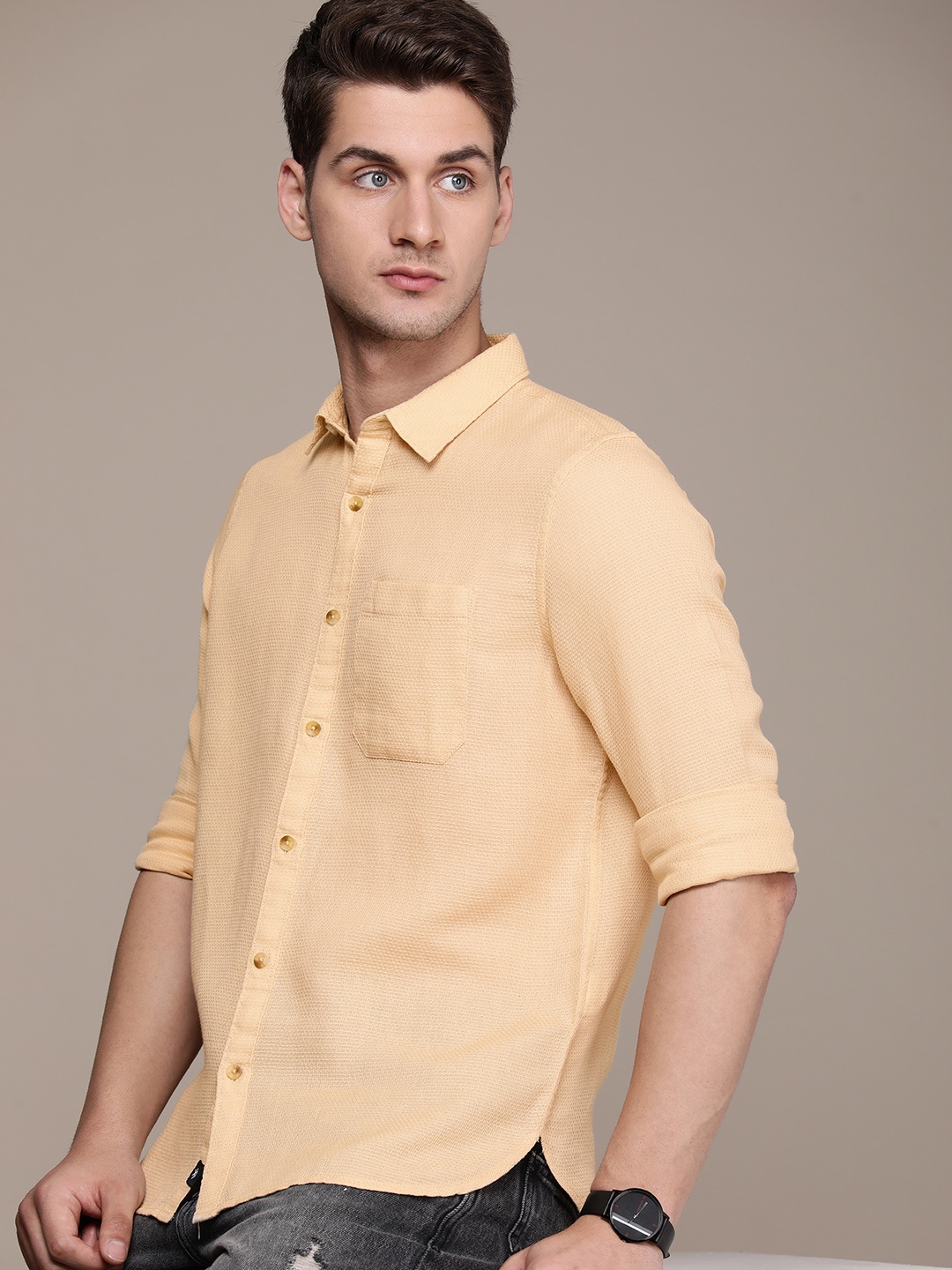 

WROGN Cotton Linen Self Design Slim Fit Textured Casual Shirt, Beige