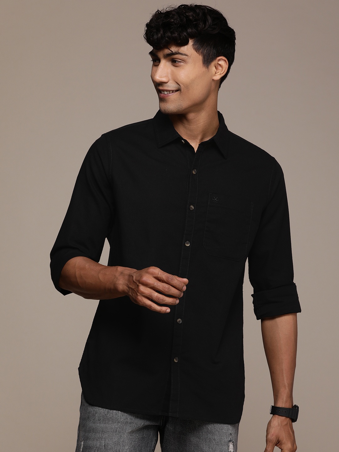 

WROGN Solid Slim Fit Pure Cotton Casual Shirt, Black
