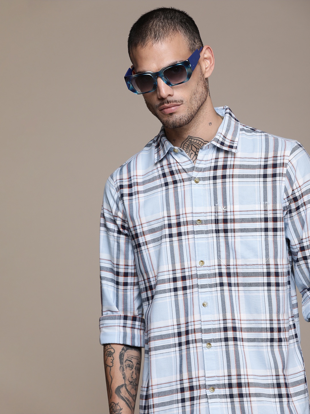 

WROGN Slim Fit Long Sleeves Checked Casual Shirt, Blue