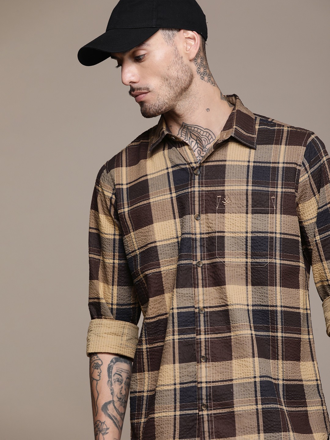 

WROGN Pure Cotton Slim Fit Checked Casual Shirt, Brown