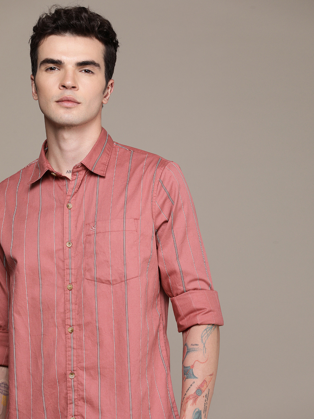 

WROGN Pure Cotton Slim Fit Striped Casual Shirt, Pink