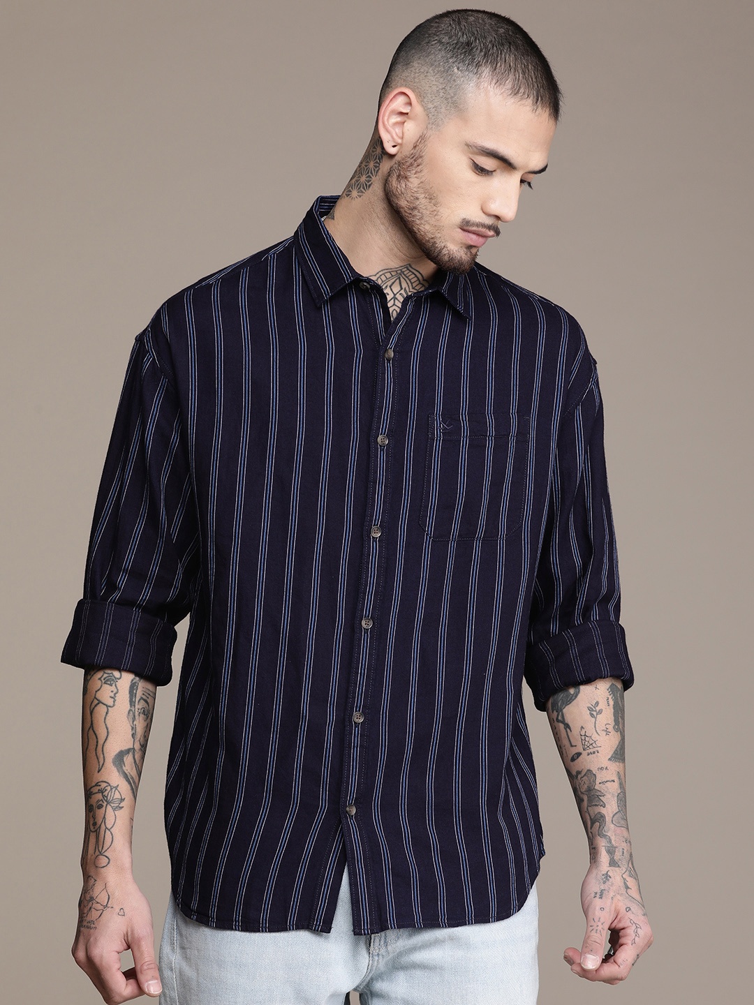 

WROGN Striped Pure Cotton Casual Oversized Shirt, Navy blue