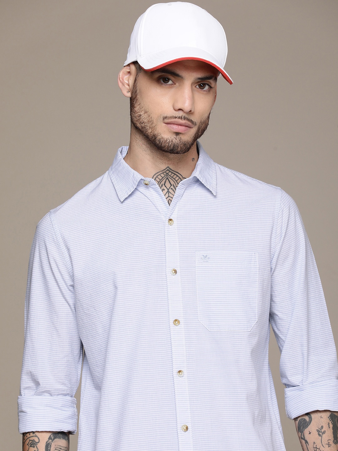 

WROGN Slim Fit Horizontal Striped Pure Cotton Casual Shirt, Blue