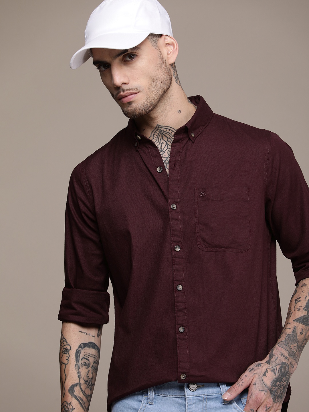 

WROGN Pure Cotton Slim Fit Casual Shirt, Burgundy