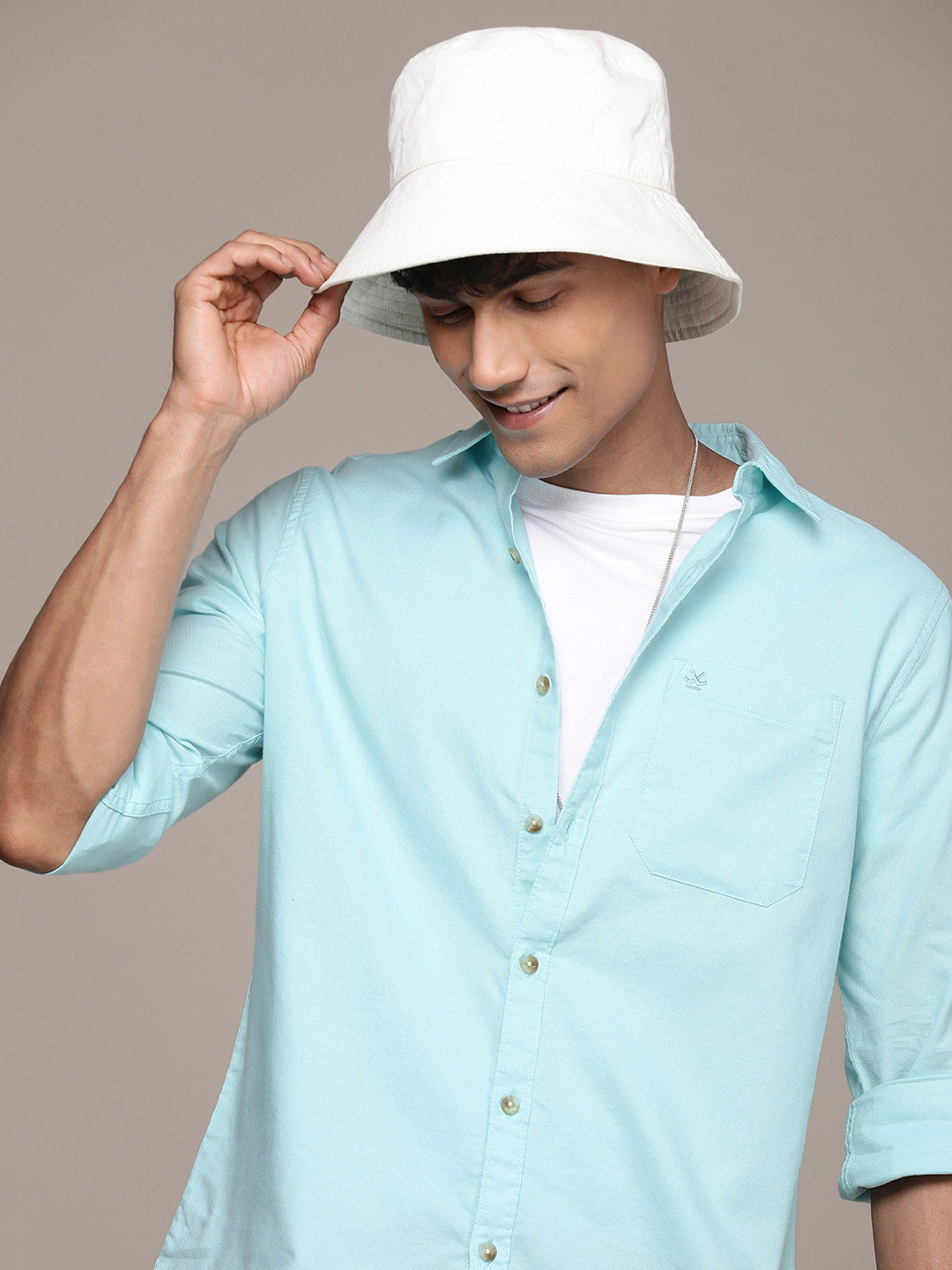 

WROGN Pure Cotton Slim Fit Casual Shirt, Turquoise blue