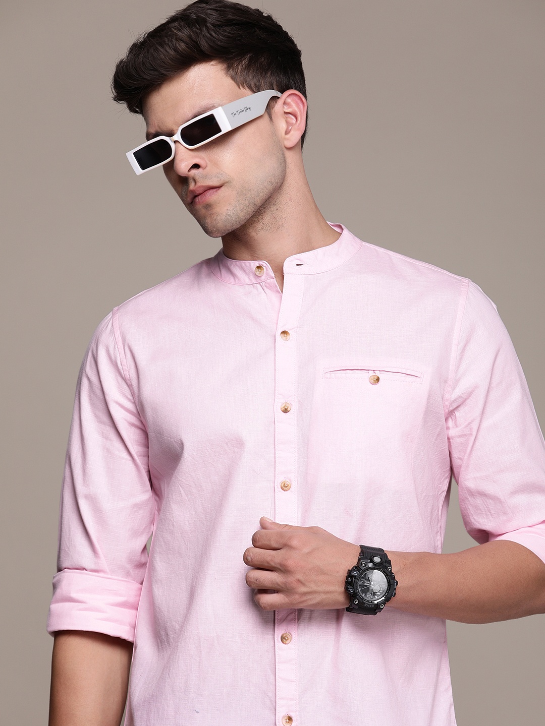 

WROGN Pure Cotton Self Design Slim Fit Textured Casual Shirt, Pink