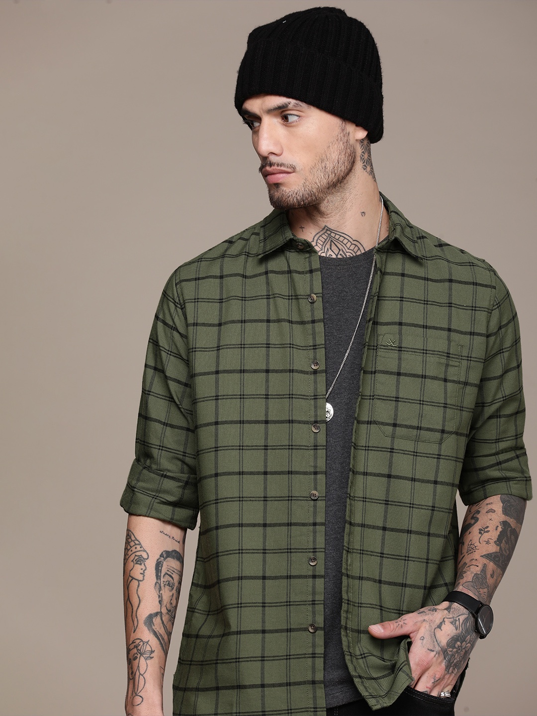 

WROGN Pure Cotton Slim Fit Opaque Checked Casual Shirt, Olive