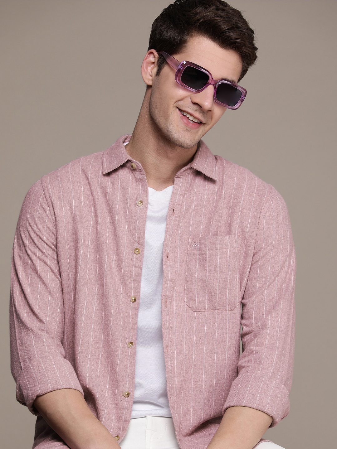 

WROGN Pure Cotton Slim Fit Striped Casual Shirt, Pink