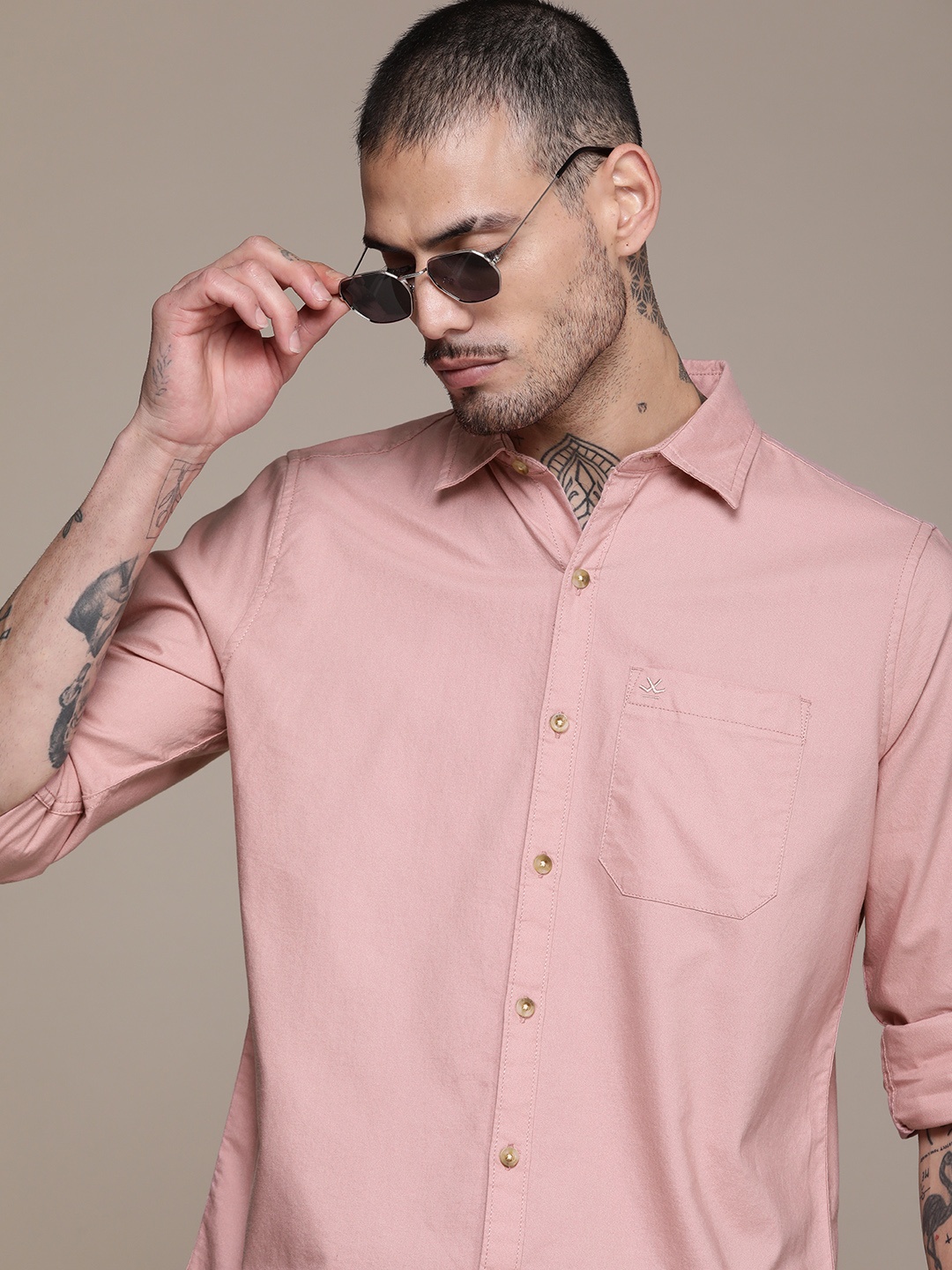 

WROGN Pure Cotton Slim Fit Opaque Casual Shirt, Rose