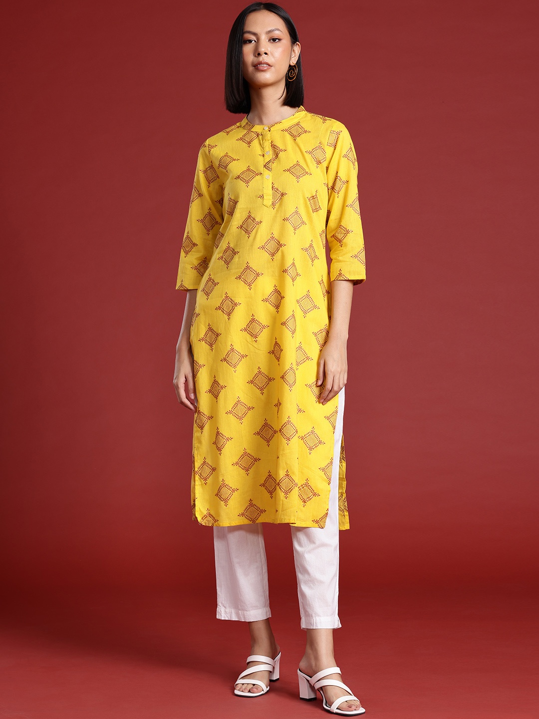 

all about you Women Ethnic Motifs Printed Cotton Kurta, Yellow