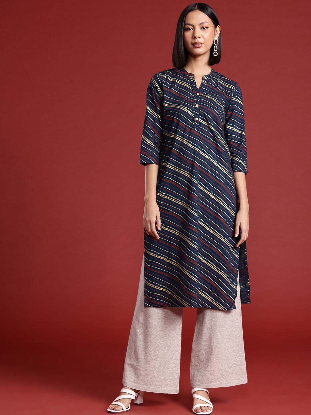 

all about you Women Striped Cotton Kurta, Navy blue
