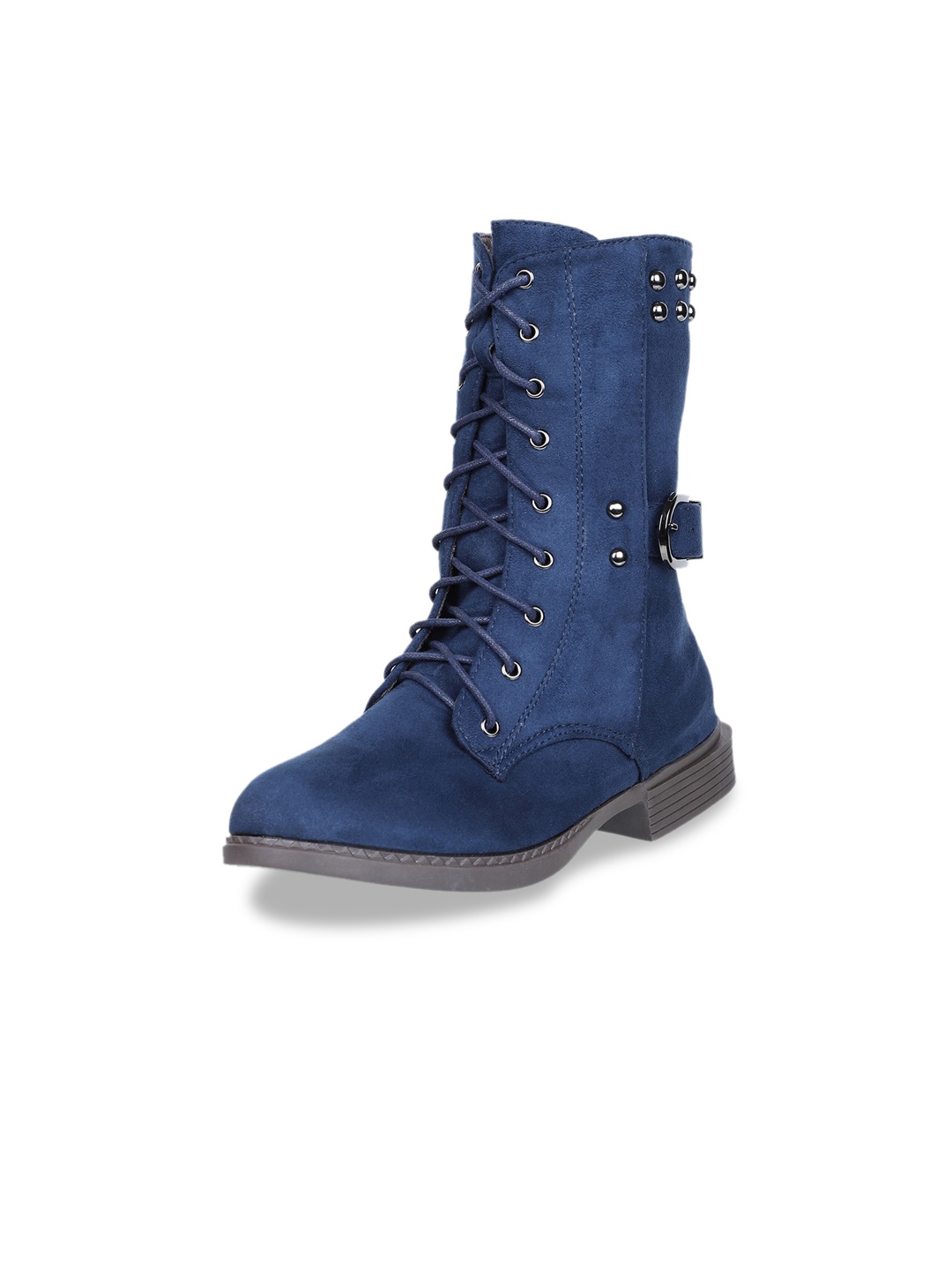

SHUZ TOUCH Women High Top Block Heel Biker Boots With Buckle Detail, Navy blue