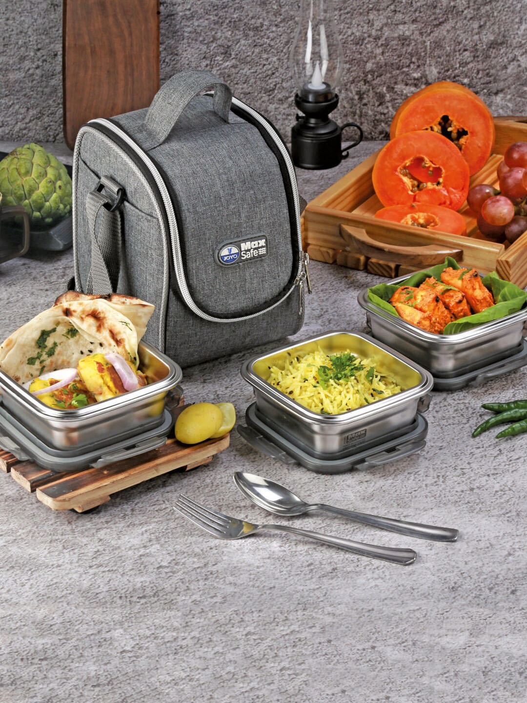 

MAXSAFE 3 Pieces Stainless Steel Square Lunch Pack with Bag, Spoon & Fork 1.2 L Each, Silver
