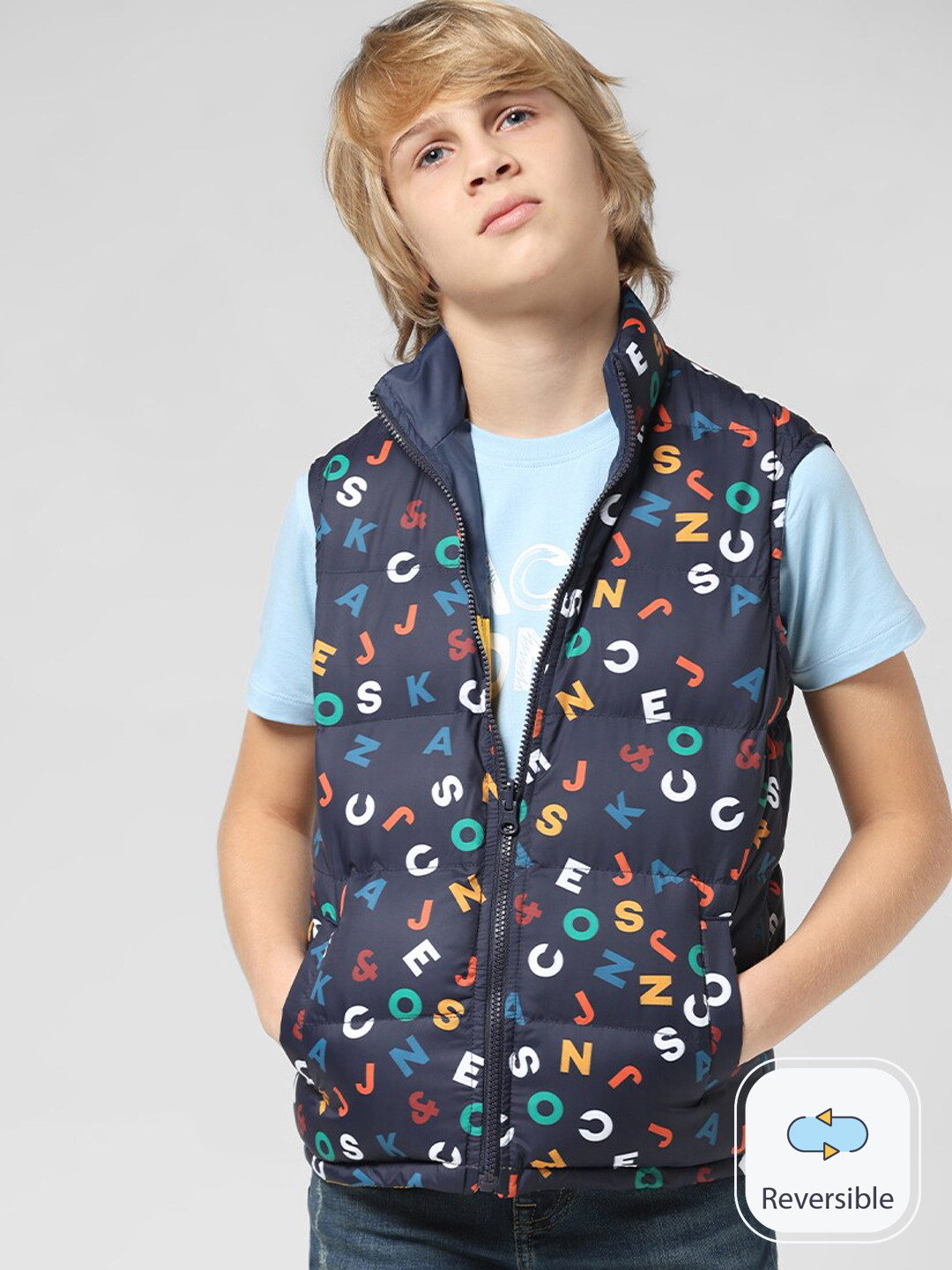 

Jack & Jones Junior Boys Conversational Printed Reversible Padded Jacket, Navy blue