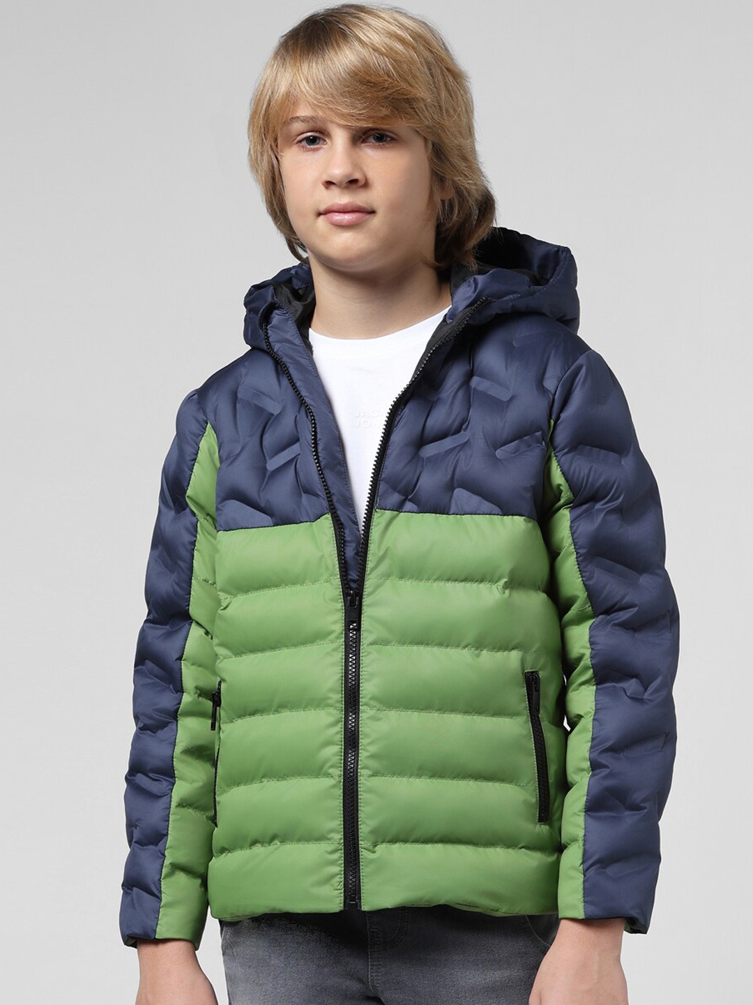 

Jack & Jones Junior Boys Colourblocked Hooded Puffer Jacket, Navy blue
