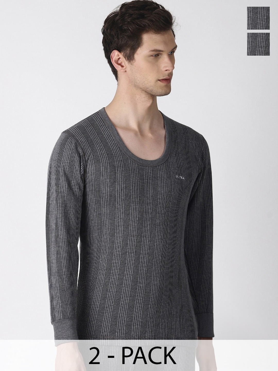 

Dollar Ultra Pack Of 2 Striped Cotton Round Neck Thermal Tops, Grey