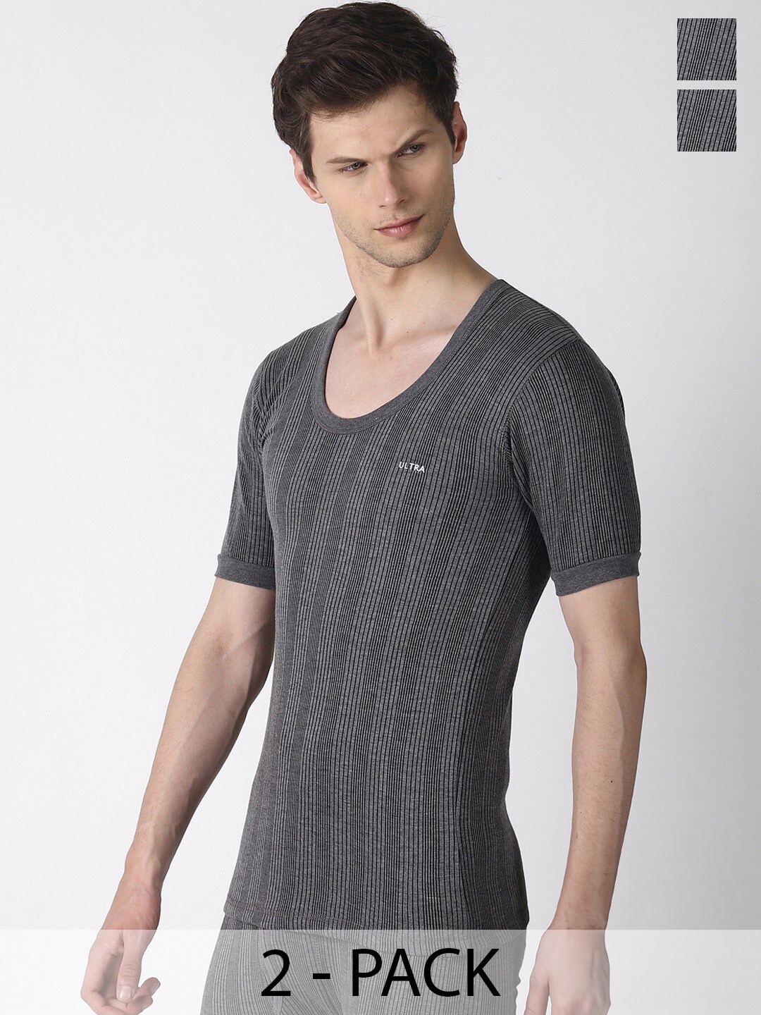 

Dollar Ultra Pack Of 2 Round Neck Cotton Thermal Tops, Charcoal