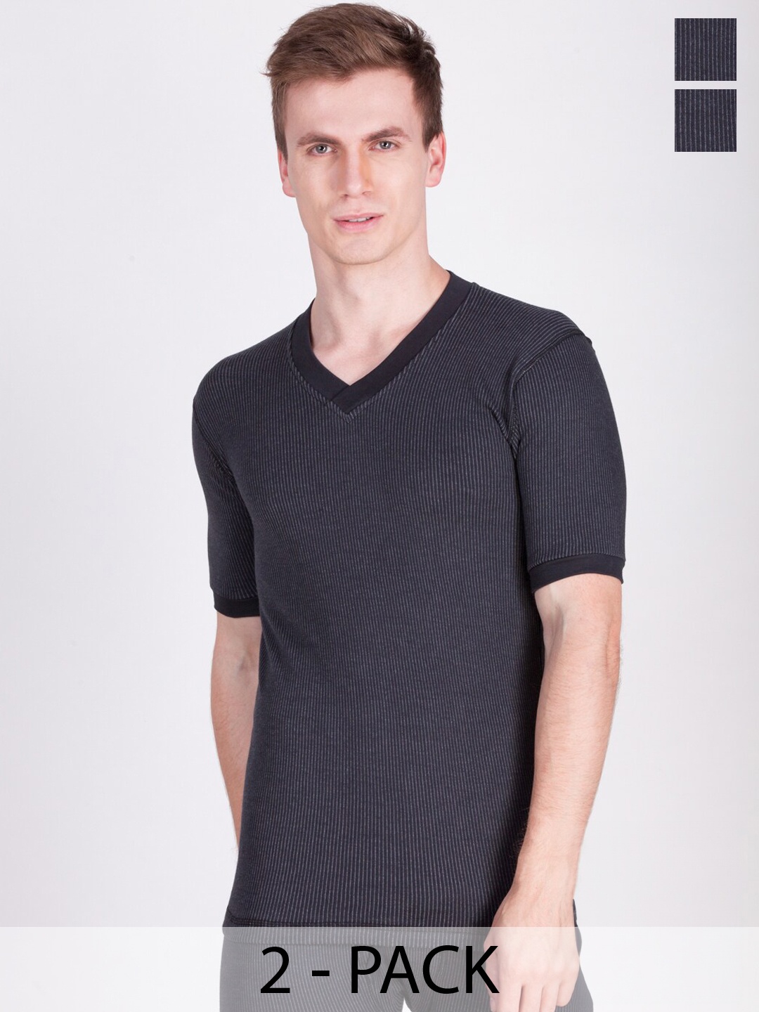

Dollar Ultra Pack Of 2 Ribbed V-Neck Cotton Thermal Tops, Black