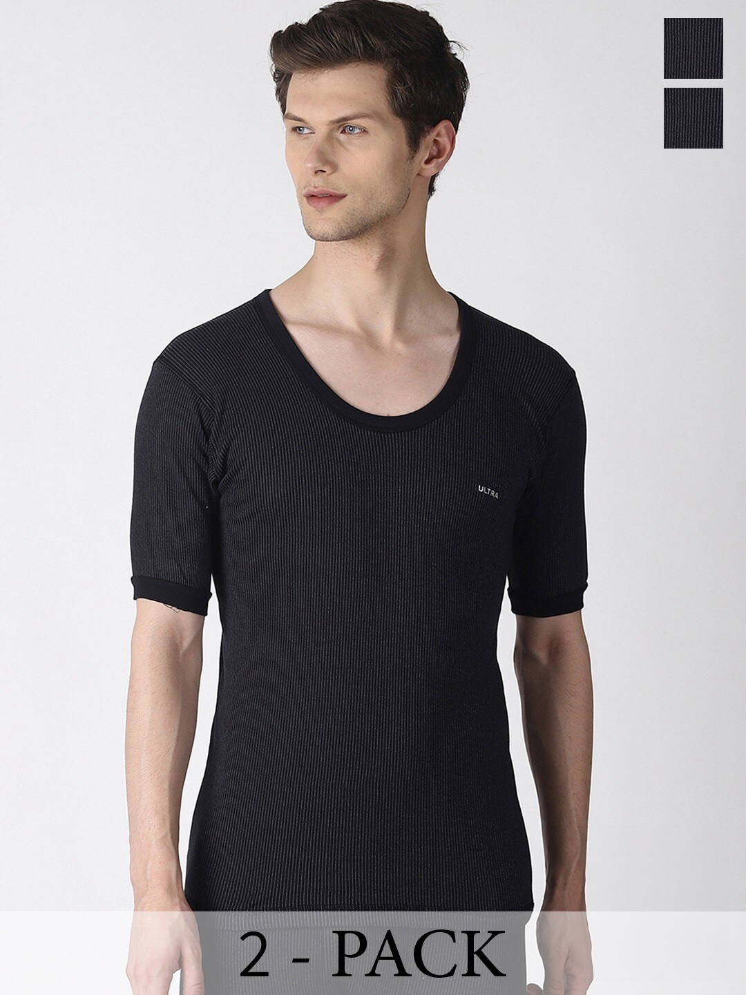 

Dollar Ultra Pack Of 2 Striped Cotton Thermal Tops, Black