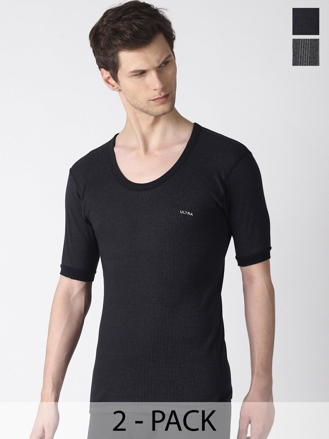 

Dollar Ultra Pack Of 2 Striped Cotton Thermal Tops, Black