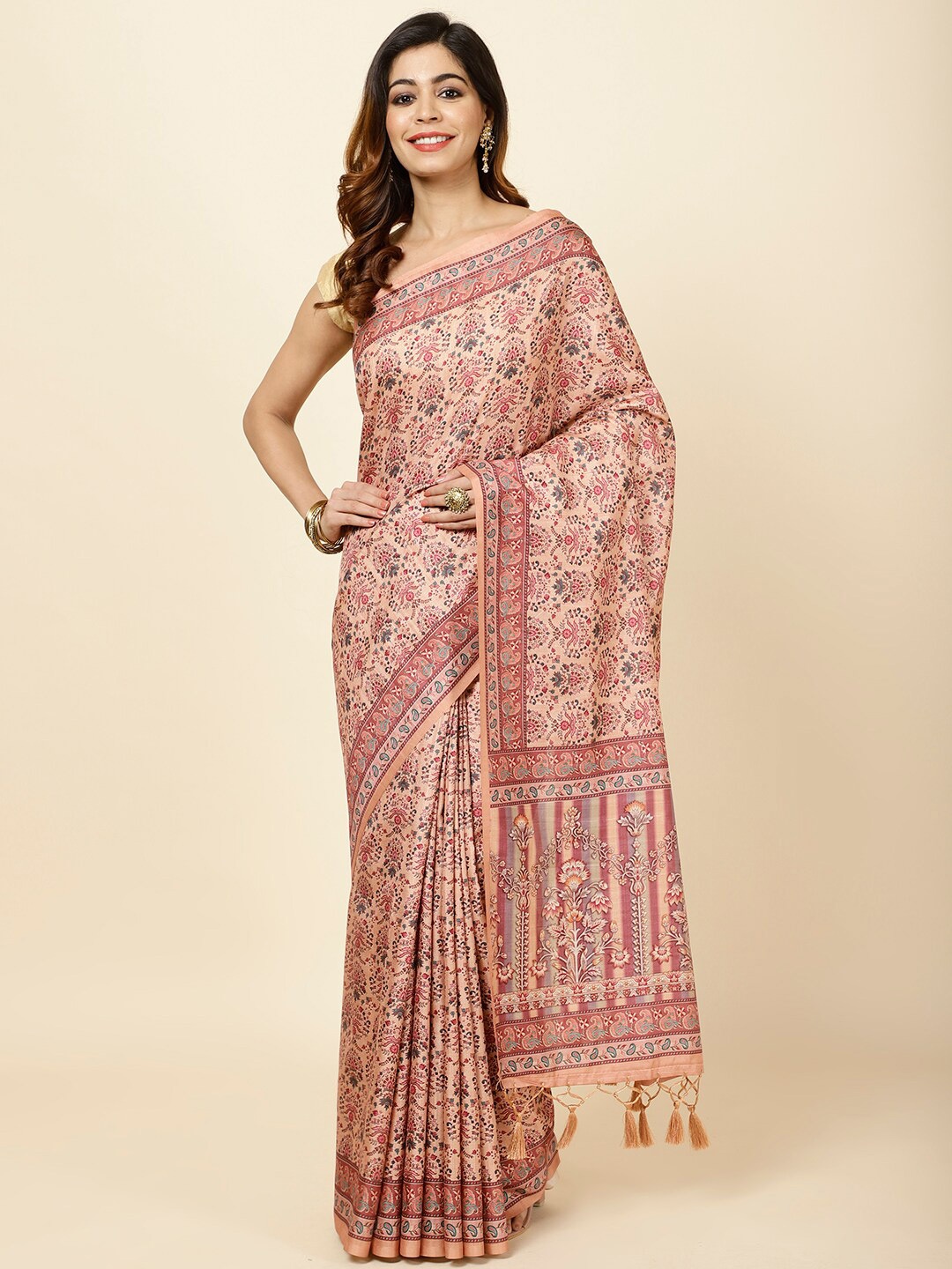 

Meena Bazaar Ethnic Motifs Printed Tussar Saree, Peach