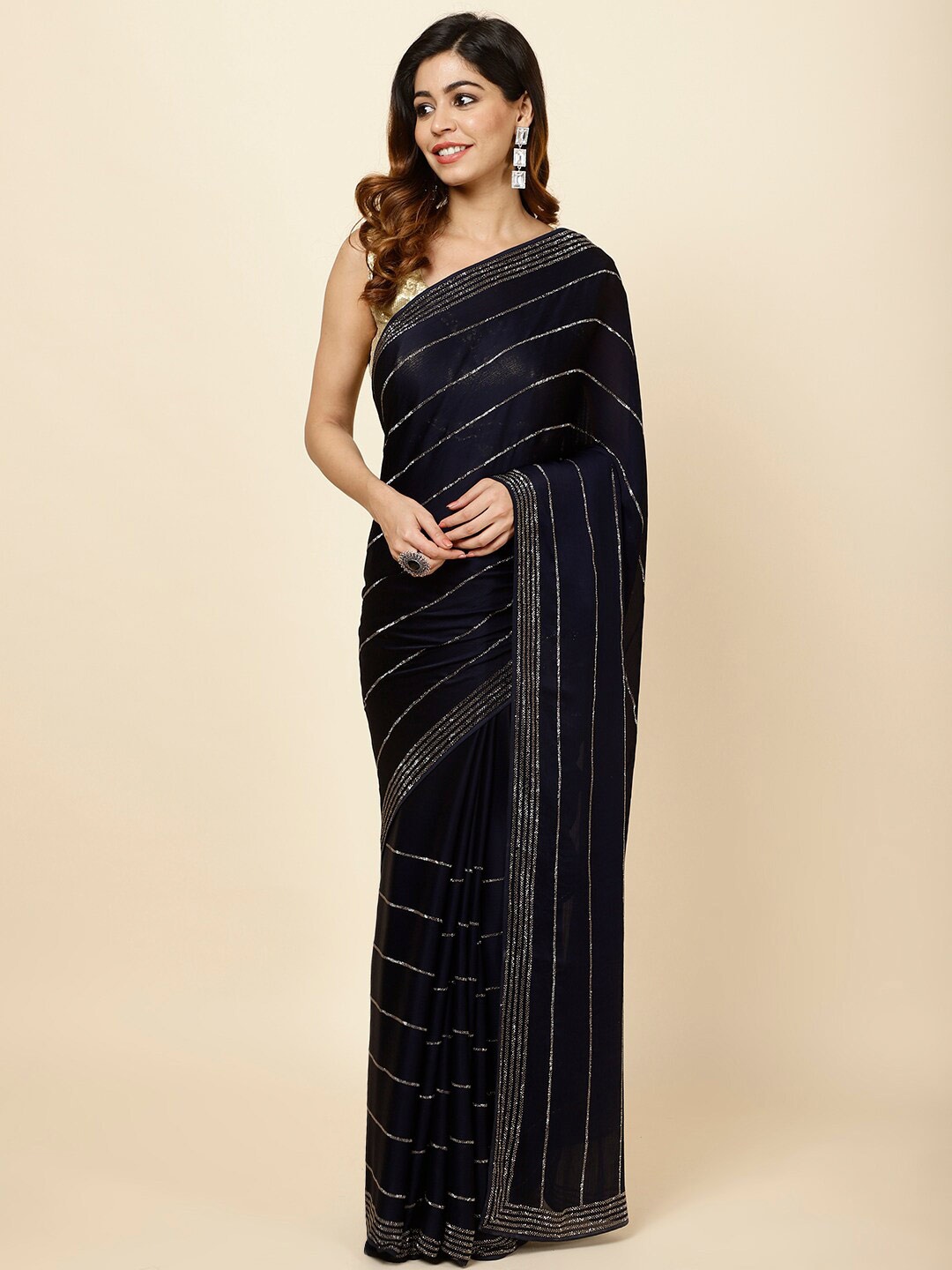 

Meena Bazaar Embellished Art Silk Saree, Navy blue