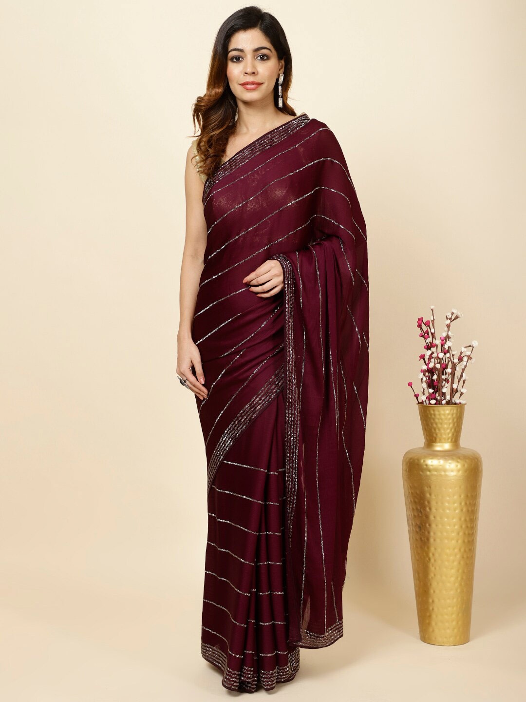 

Meena Bazaar Embellished Chiffon Saree, Purple