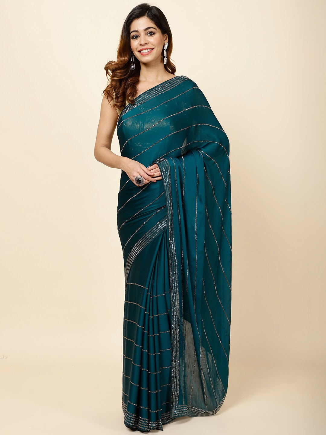 

Meena Bazaar Embellished Chiffon Saree, Green