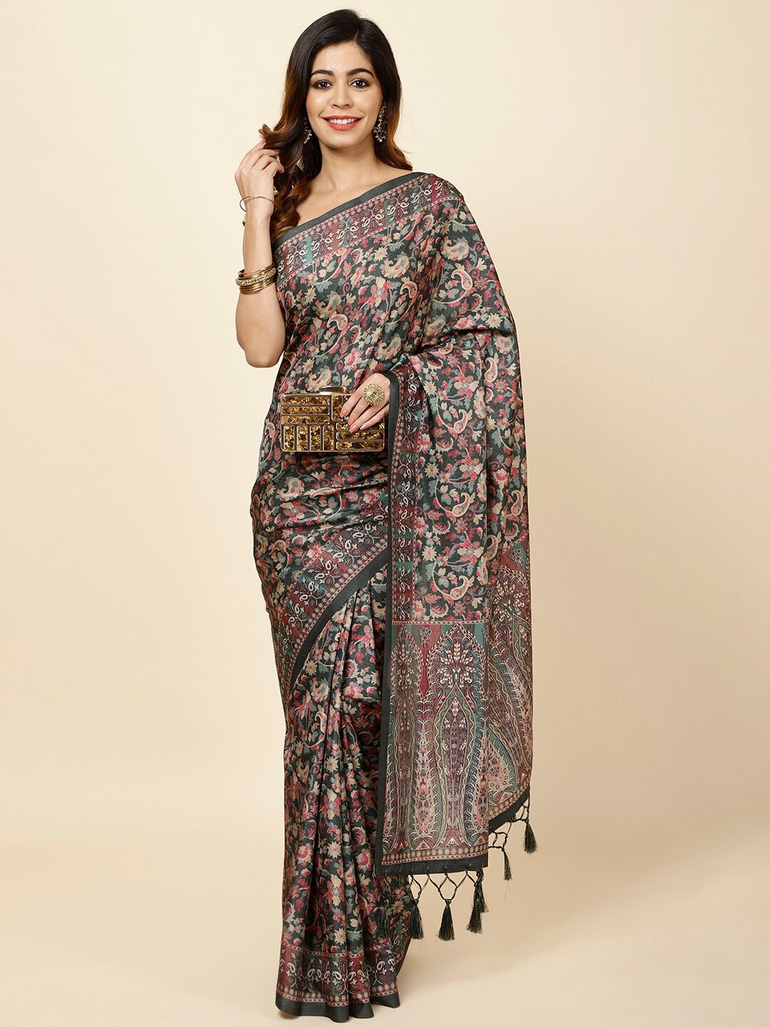 

Meena Bazaar Paisley Printed Tussar Saree, Green