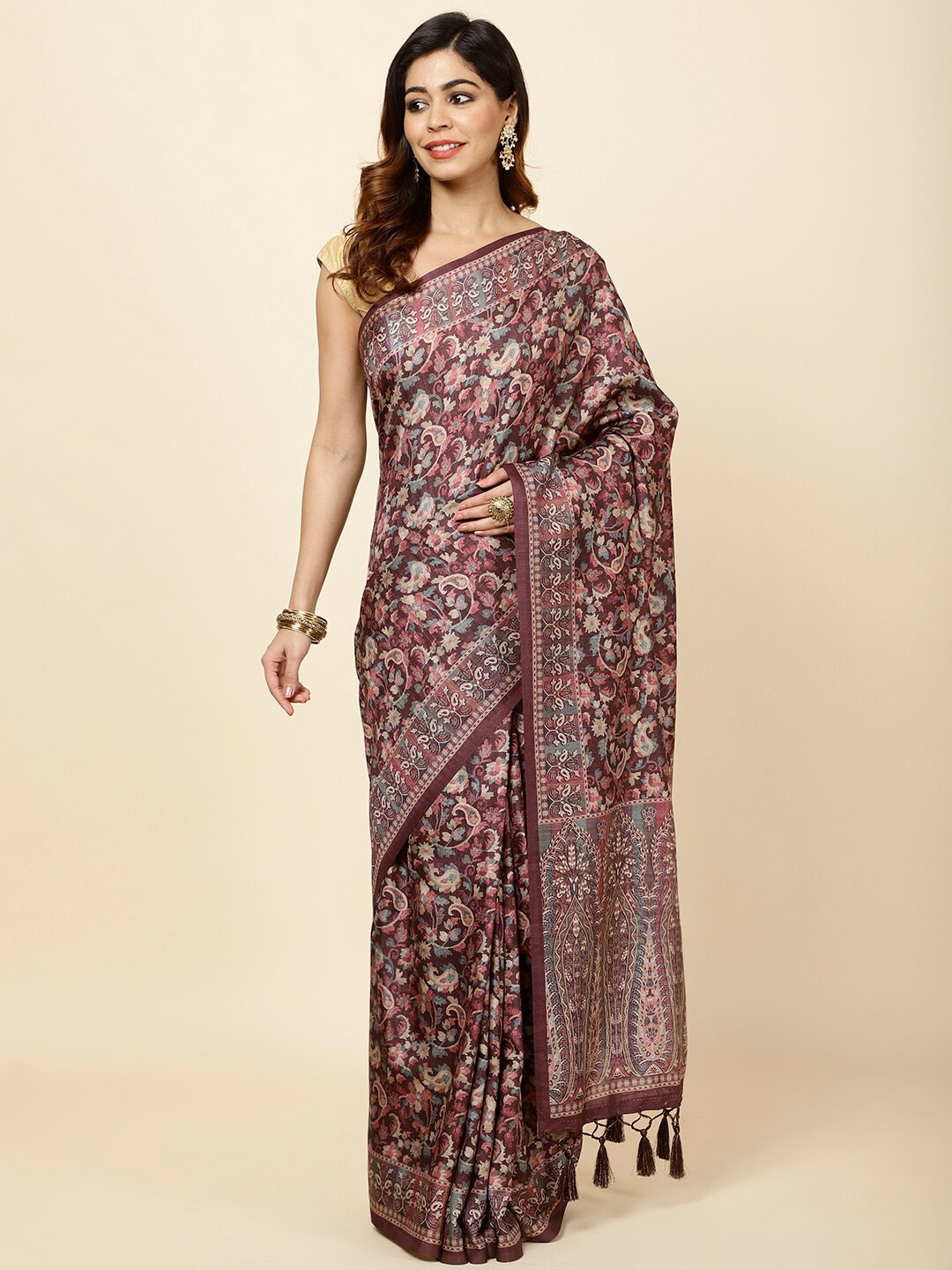 

Meena Bazaar Ethnic Motifs Printed Art Silk Tussar Saree, Burgundy