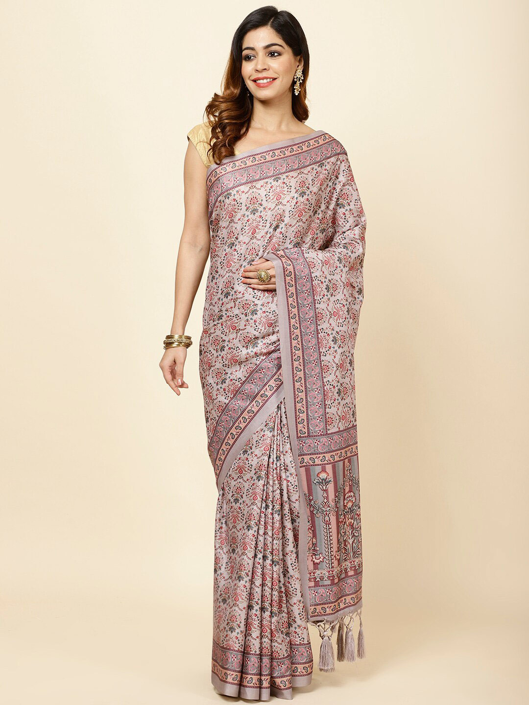 

Meena Bazaar Ethnic Motifs Printed Tussar Saree, Grey