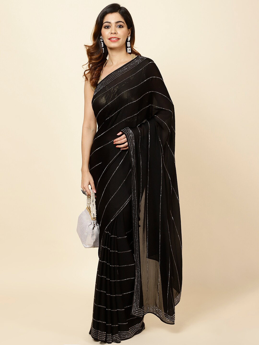 

Meena Bazaar Embellished Chiffon Saree, Black
