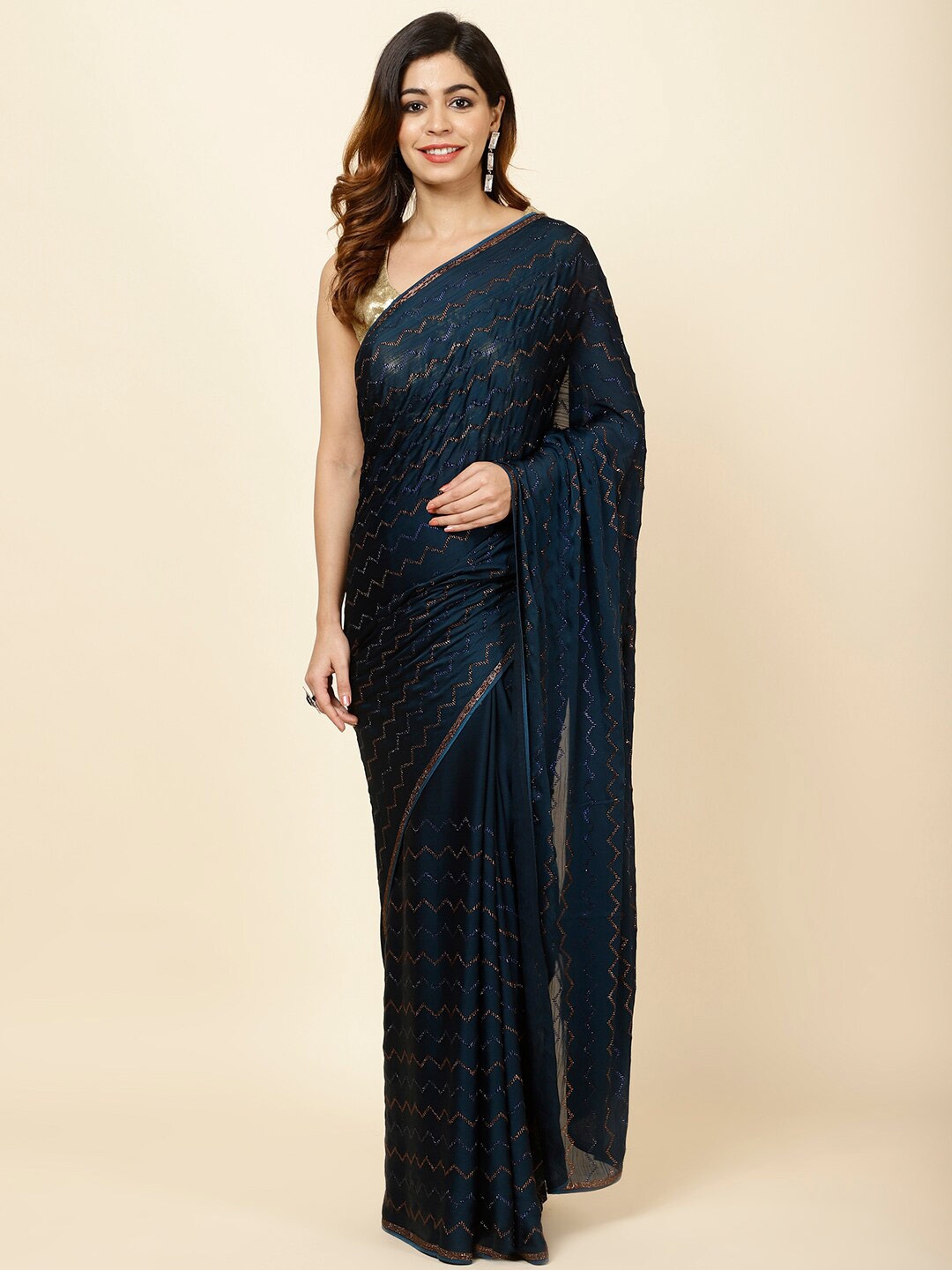 

Meena Bazaar Embellished Art Silk Saree, Navy blue