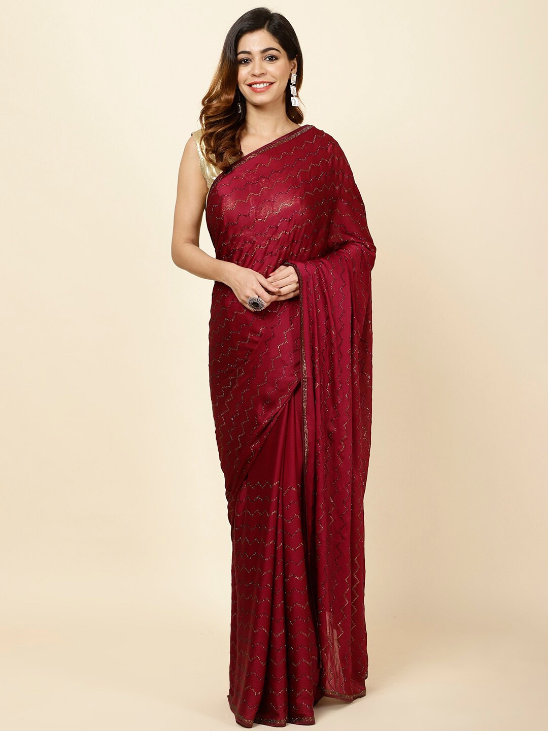

Meena Bazaar Embellished Chiffon Saree, Burgundy
